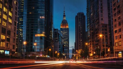 Fototapeta premium City skyline displaying modern architecture and vibrant lights during sunset in an urban setting