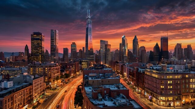 City skyline displaying modern architecture and vibrant lights during sunset in an urban setting