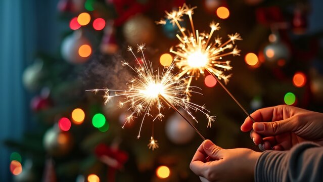 Festive Christmas Sparkler Celebration, Person Holding Sparkling Fireworks Near Decorated Tree