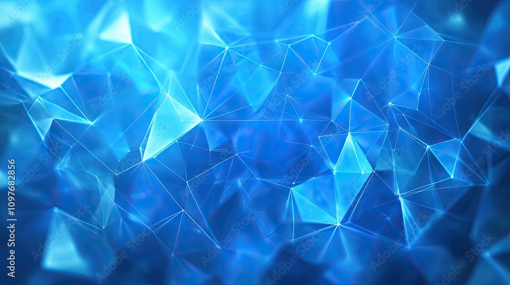 Poster an abstract blue background featuring a geometric pattern of interconnected lines and shapes.