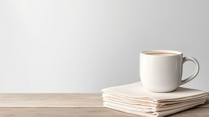 A white coffee cup sits on top of a stack of white napkins
