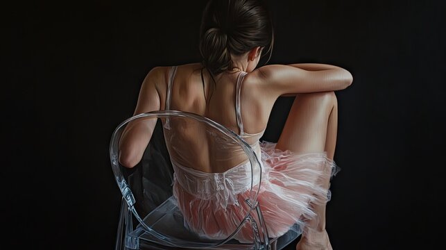A contemplative young girl of Asian descent sits gracefully on a transparent chair, wearing a delicate pink tutu.