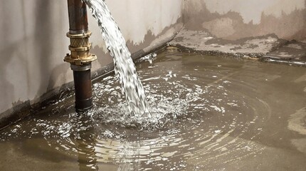 A basement flooded with water gushing from a broken pipe. The concrete floor is soaked, with visible water damage, highlighting a plumbing emergency suitable for insurance evaluation.