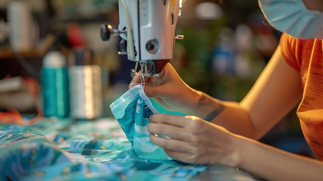 Homemade protective face masks with portable sewing machine