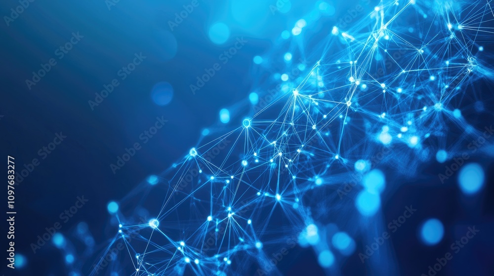Poster abstract blue network of interconnected nodes and lines, representing digital connections and data f