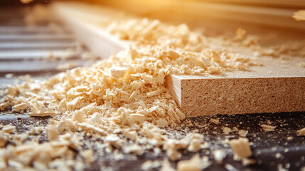 MDF chipboard made from compressed sawdust showing a chaotic texture symbolizing the transformation of raw materials into structured surfaces for construction or furniture