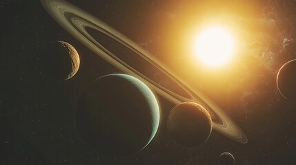 Stunning detailed of a cosmic landscape showcasing the solar system with various planets orbiting a radiant glowing sun  The scene features a dramatic