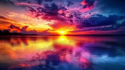 Fototapeta premium Stunning panoramic view of a vibrant sunset reflected on the calm surface of a serene lake with dramatic clouds in a colorful sky creating a tranquil and picturesque natural landscape