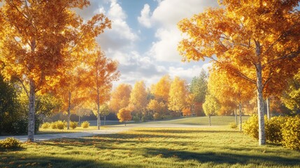 A serene autumn landscape featuring vibrant orange and yellow trees under a blue sky.