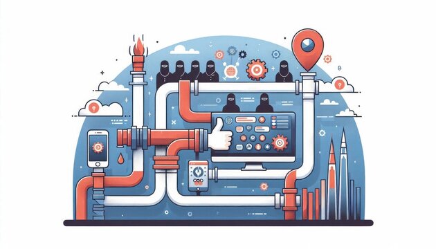 Vector illustration of an online radicalization pipeline connected with digital media, featuring gears and abstract figures