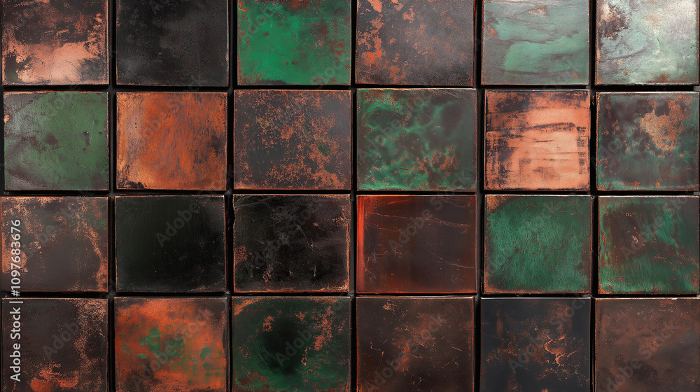 Poster rustic weathered metal with patches of green and orange oxidation.