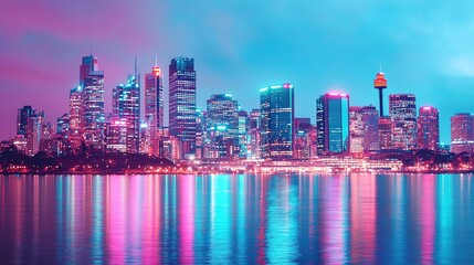 Obraz premium A city skyline with iconic landmarks illuminated in vibrant hues during nighttime.