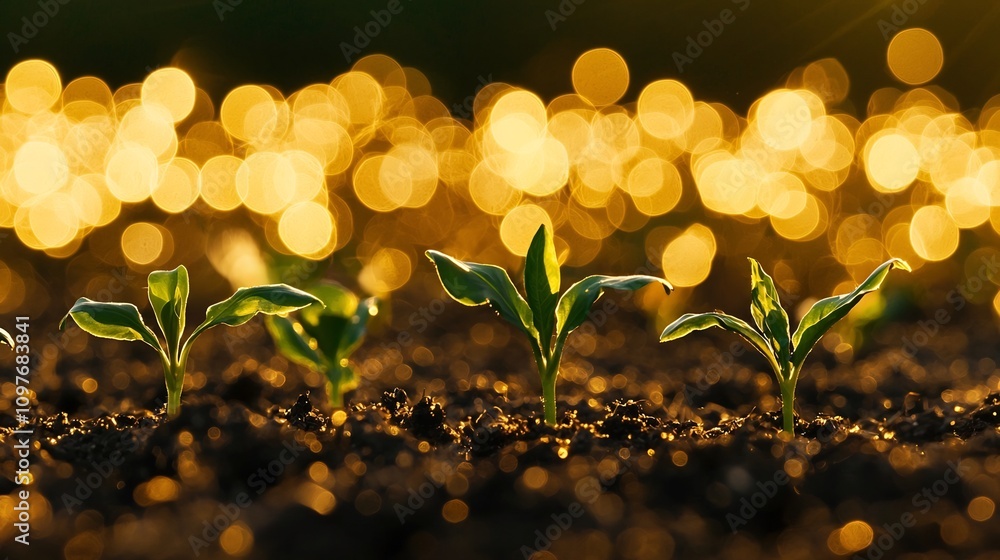 Poster technological growth and innovation taking root in the soil with green sprouts emerging under a gold