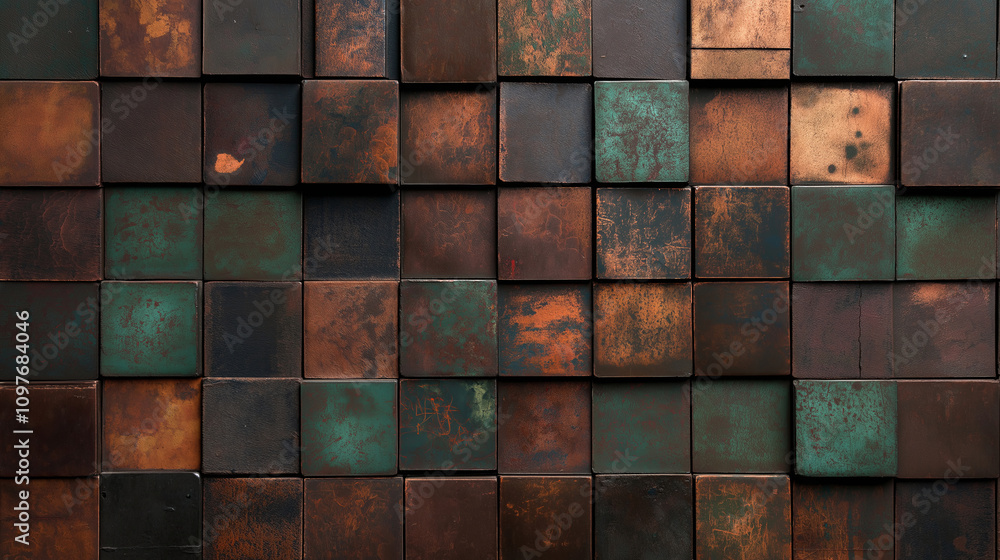 Poster rustic weathered metal with patches of green and orange oxidation.