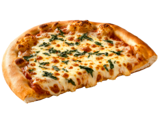 Unhealthy foods processed packaged concept. Cheesy pizza slice with spinach on a black background transparent background.