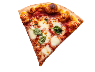 Unhealthy foods processed packaged concept. Slice of pizza topped with mozzarella and basil transparent background.