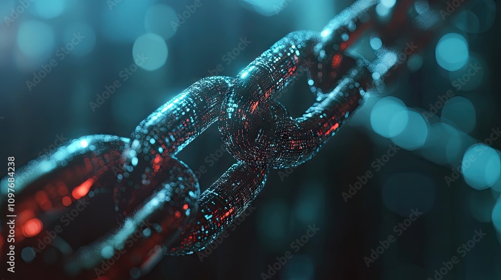 Poster close-up of a futuristic metallic chain with a glowing effect, symbolizing strength and connectivity