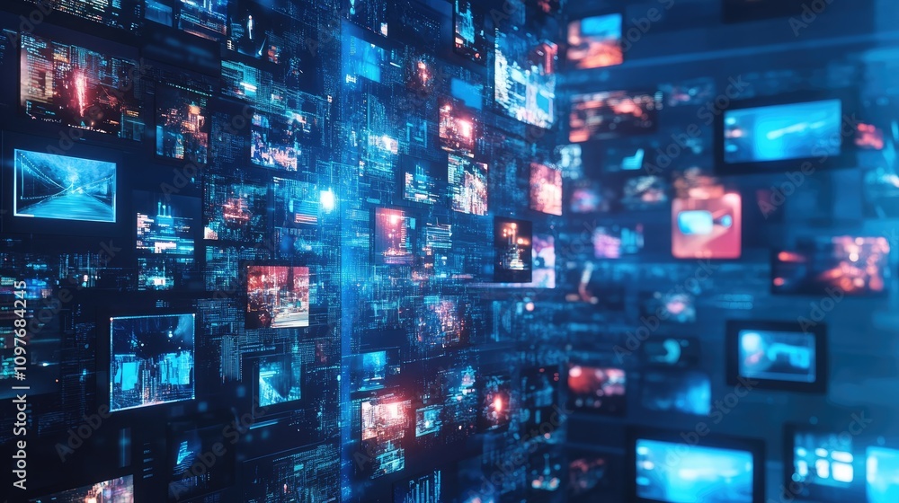 Poster a vibrant digital wall of screens displaying various data streams and graphics, evoking a high-tech 