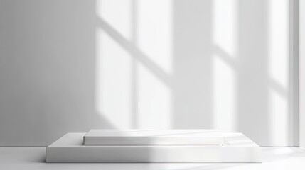 Minimalist display platform set in a bright, airy space with soft shadows casting on the walls.