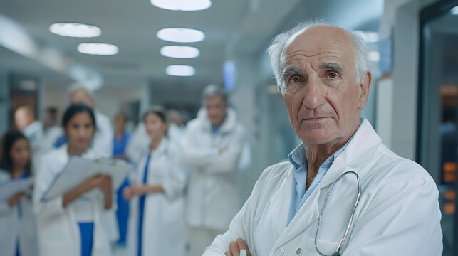 Confident doctor in a white uniform posing with young doctors and therapists, with an elderly man holding a clipboard in a hospital setting, showing a multidisciplinary medical team in white coats.