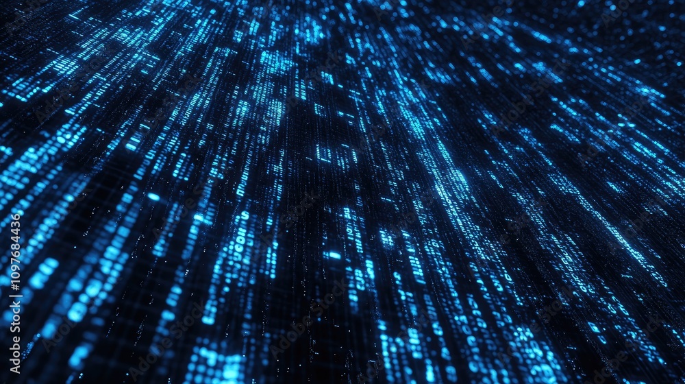 Poster abstract digital data stream with a vibrant blue glow, creating a sense of depth and movement.