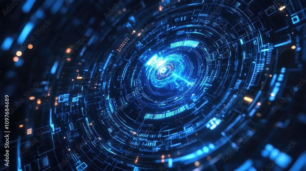 Poster abstract digital background showcasing a futuristic circular pattern in blue tones.