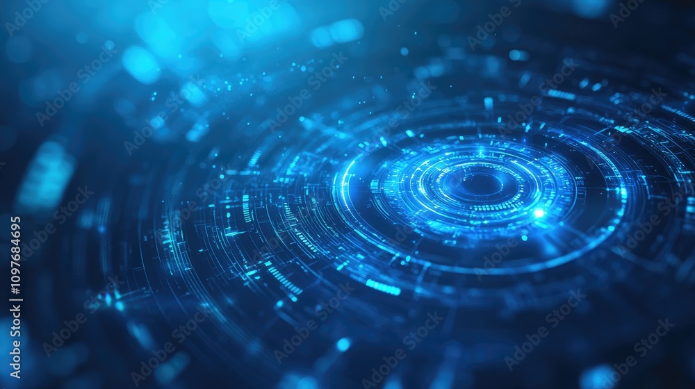 Poster abstract blue technology background featuring a circular design with glowing digital elements.