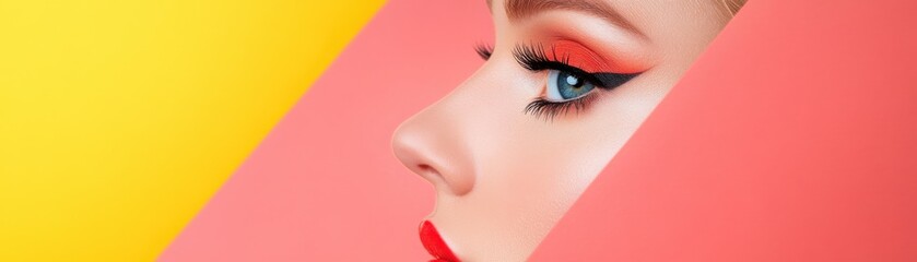 A vibrant close-up of a woman's profile showcasing bold makeup against a colorful background.