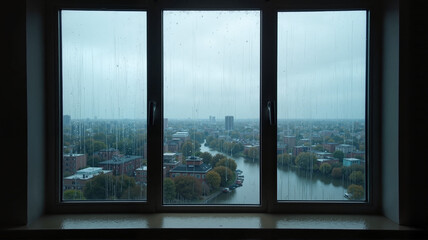 Fototapeta premium Rainy city view through a large window on a gloomy day
