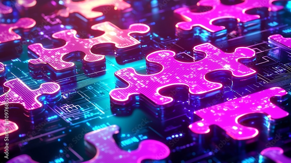 Poster vibrant neon colored glowing puzzle pieces interconnected with intricate circuit patterns symbolizin