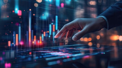 A close-up of a businessman's hand interacting with digital financial graphs in a futuristic setting.