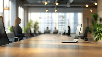 Obraz premium Modern office workspace featuring laptops and a serene atmosphere.