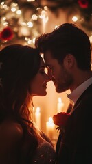 Romantic couple embracing by candlelight for valentine's day celebration