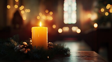 A warm, inviting yellow candle radiates light, surrounded by festive greenery, creating a cozy atmosphere.