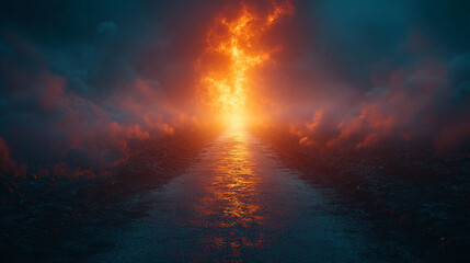 empty road leading towards the horizon with a glowing rising sun symbolizing new beginnings, hope, and a journey of self-discovery in a tranquil setting