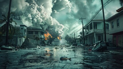 Obraz premium Flooded street, burning buildings, hurricane aftermath.