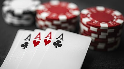 Obraz premium A winning hand of four aces alongside stacks of red casino chips.