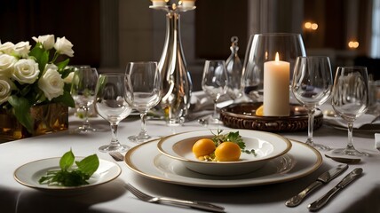 Elegant restaurant setting with a gourmet dish served on a table during dinner time