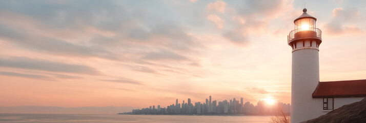 A majestic lighthouse stands watch over the calm ocean waters with a sprawling city skyline in the backdrop, basked in the soft glow of dusk light.