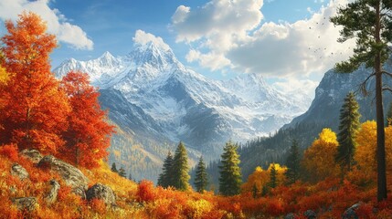 Vibrant autumn landscape with snow-capped mountains, showcasing a serene natural setting with colorful foliage.