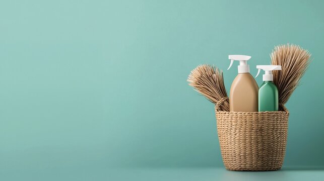 A basket full of cleaning supplies including a bottle of Windex