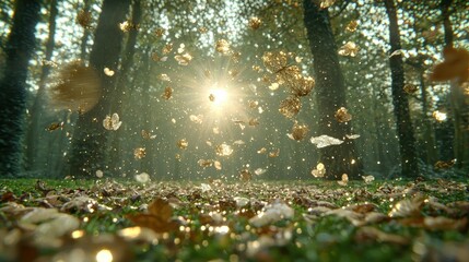 Obraz premium Magical Golden Autumn Leaves Falling in Enchanted Forest