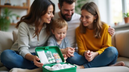 Obraz premium Bandage for home first-aid kits. A family gathers around a first aid kit at home, smiling together while preparing for emergencies. Bandages and supplies visible.