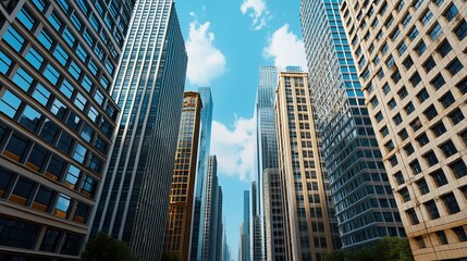 Fototapeta premium A bustling modern urban cityscape with towering glass skyscrapers and clean streets.