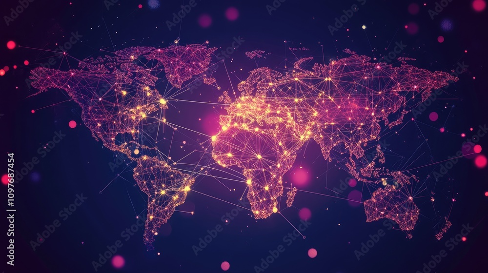 Poster abstract world map with glowing connections over a dark background, symbolizing global communication