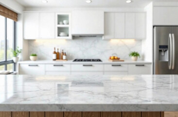Fototapeta premium Gray marble kitchen countertop mockup on blurred background of modern kitchen interior