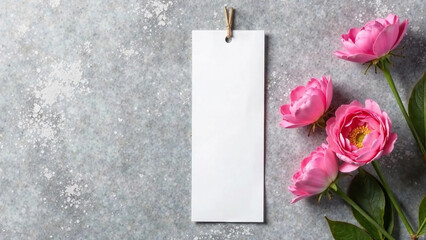Blank bookmark mockup next to pink flowers, on grey concrete background, top view