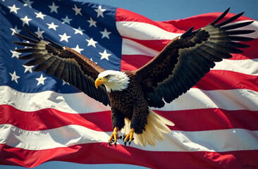 Naklejka premium American bald eagle flies on the waving American flag background