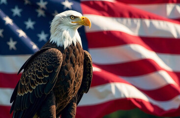 Naklejka premium American bald eagle sits on American flag background