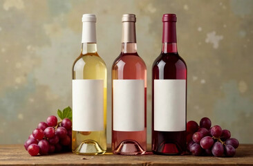 Obraz premium Three wine bottles mockup with blank labels and fresh grapes around. White, pink and red wine bottles on the wooden table